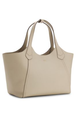 Leather tote bag with metallic logo lettering, Light Beige