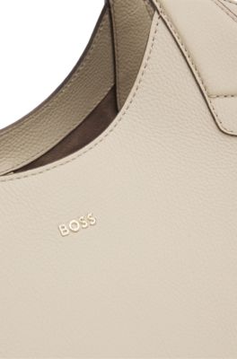 Leather tote bag with metallic logo lettering, Light Beige