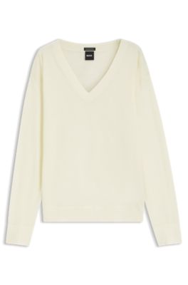 Jersey de lana merina con cuello en pico, Beige claro
