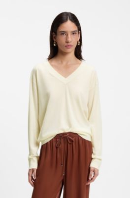 V-neck sweater in merino wool, Light Beige