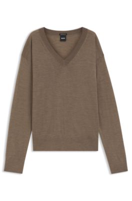 Jersey de lana merina con cuello en pico, Marr&oacute;n