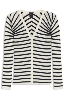 Buttoned cardigan in striped merino wool, Black