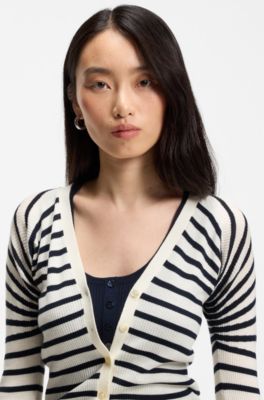 Buttoned cardigan in striped merino wool, Black