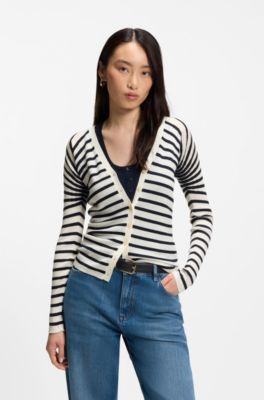 Buttoned cardigan in striped merino wool, Black