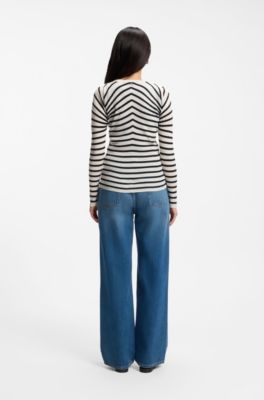 Buttoned cardigan in striped merino wool, Black