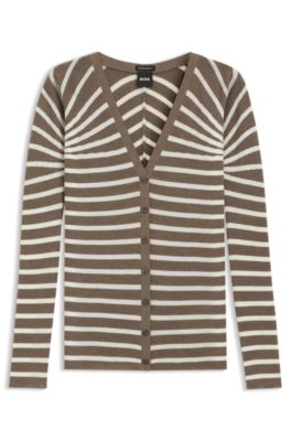 Buttoned cardigan in striped merino wool, Brown