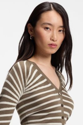 Buttoned cardigan in striped merino wool, Brown