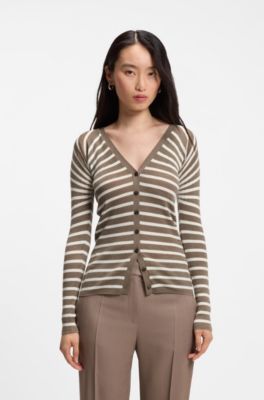 Cardigan en laine m&eacute;rinos &agrave; rayures boutonn&eacute; sur le devant, Marron