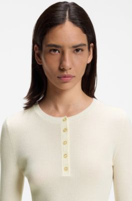 Merino wool sweater with Henley neckline, White