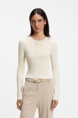 Merino wool sweater with Henley neckline, White
