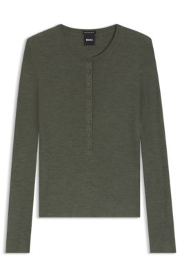 Merino wool sweater with Henley neckline, Dark Green
