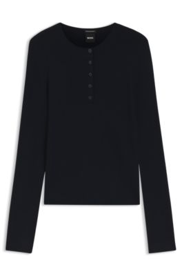 Merino wool sweater with Henley neckline, Dark Blue
