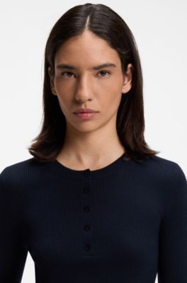 Merino wool sweater with Henley neckline, Dark Blue