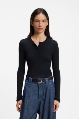 Merino wool sweater with Henley neckline, Dark Blue