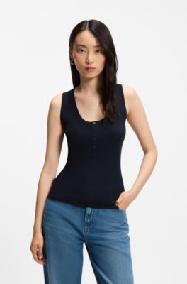 Sleeveless top in rib-knit merino wool, Dark Blue