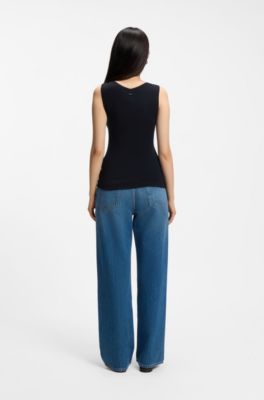 Sleeveless top in rib-knit merino wool, Dark Blue