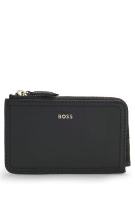 Grained-leather card holder with logo lettering, Black
