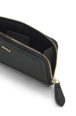 Tarjetero en piel granulada con letras de logo, Negro