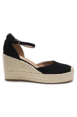 Espadrilles en cuir su&eacute;d&eacute; avec semelle compens&eacute;e, Noir