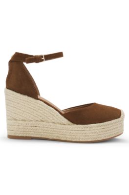 Espadrilles en cuir su&eacute;d&eacute; avec semelle compens&eacute;e, Marron