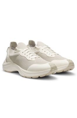 Knitted-upper trainers with embossed logo, Light Beige
