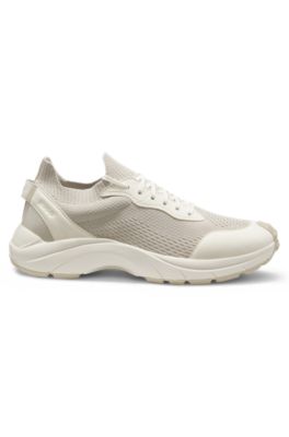 Knitted-upper trainers with embossed logo, Light Beige