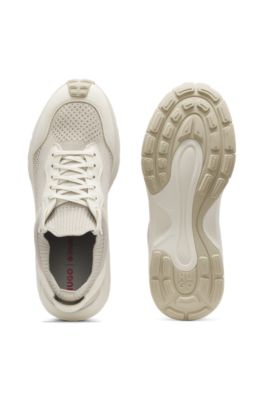 Knitted-upper trainers with embossed logo, Light Beige