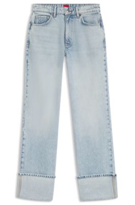 Straight-fit jeans in blue denim with cuffs, Turquoise