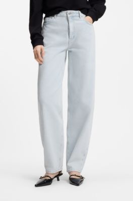 High-rise barrel-leg jeans in soft cotton, Turquoise