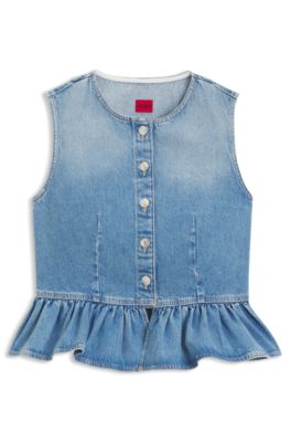 Blusa regular fit sin mangas en denim con p&eacute;plum en el dobladillo, Azul