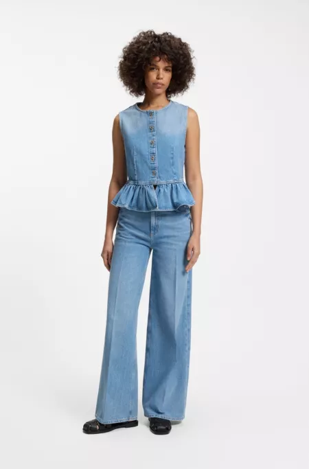 Regular-fit sleeveless blouse in denim with peplum hem