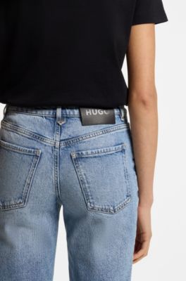 Slim-fit high-rise jeans in stretch cotton, Turquoise