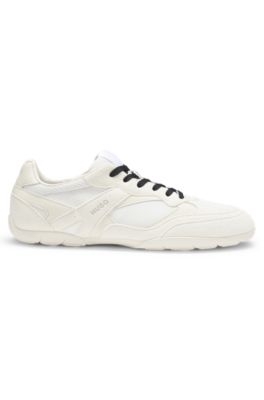 Mixed-material trainers with open mesh, White