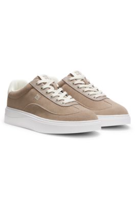 Suede trainers with stacked logos, Light Brown