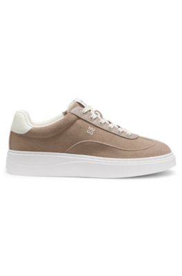Suede trainers with stacked logos, Light Brown