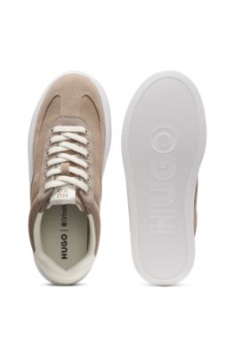 Suede trainers with stacked logos, Light Brown