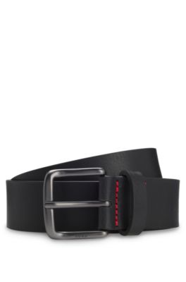 Ceinture en cuir de buffle italien avec boucle logot&eacute;e, Noir