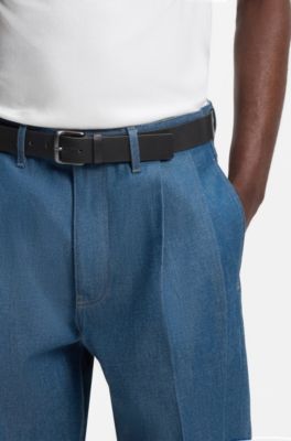 Ceinture en cuir de buffle italien avec boucle logot&eacute;e, Noir