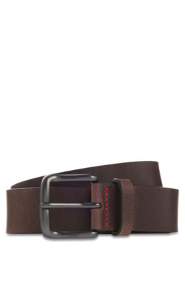 Italian-made belt in buffalo leather with logo buckle, Dark Brown