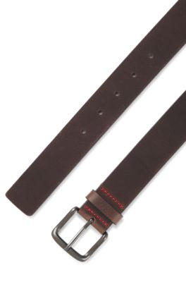 Italian-made belt in buffalo leather with logo buckle, Dark Brown