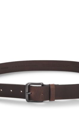 Italian-made belt in buffalo leather with logo buckle, Dark Brown