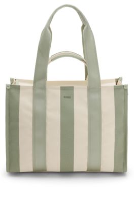 Striped tote bag in canvas with double handles, White