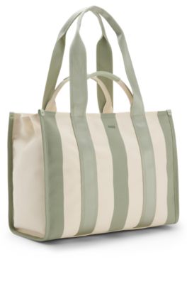 Striped tote bag in canvas with double handles, Light Green