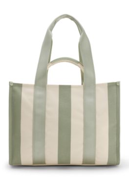 Striped tote bag in canvas with double handles, Light Green
