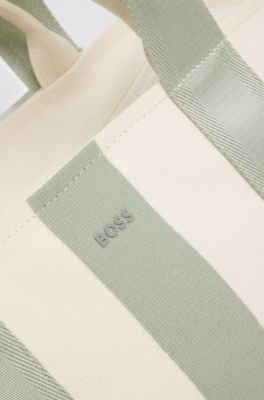 Striped tote bag in canvas with double handles, White