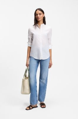 Striped tote bag in canvas with double handles, White