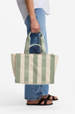 Striped tote bag in canvas with double handles, Light Green