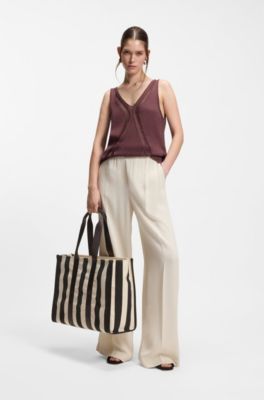 Striped tote bag in canvas, White