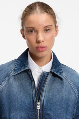 Zippered bomber jacket in denim, Blue