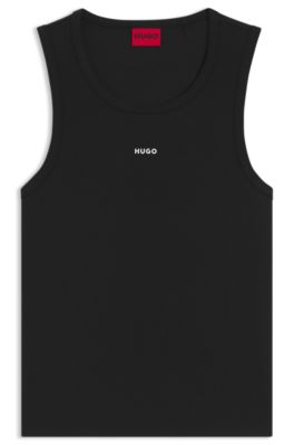 Camiseta de tirantes slim fit de algod&oacute;n el&aacute;stico con logo en contraste, Negro